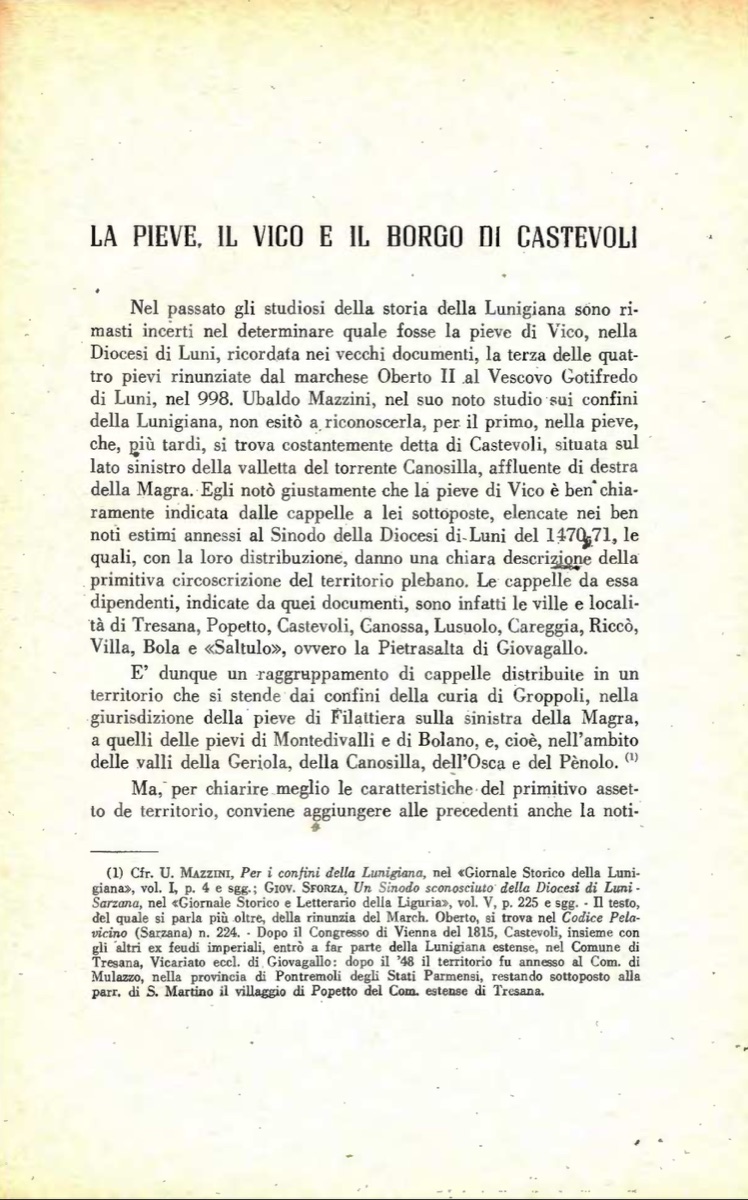 Prima pagina de «La pieve, il vico e il borgo di Castevoli» di Manfredo Giuliani, 1955