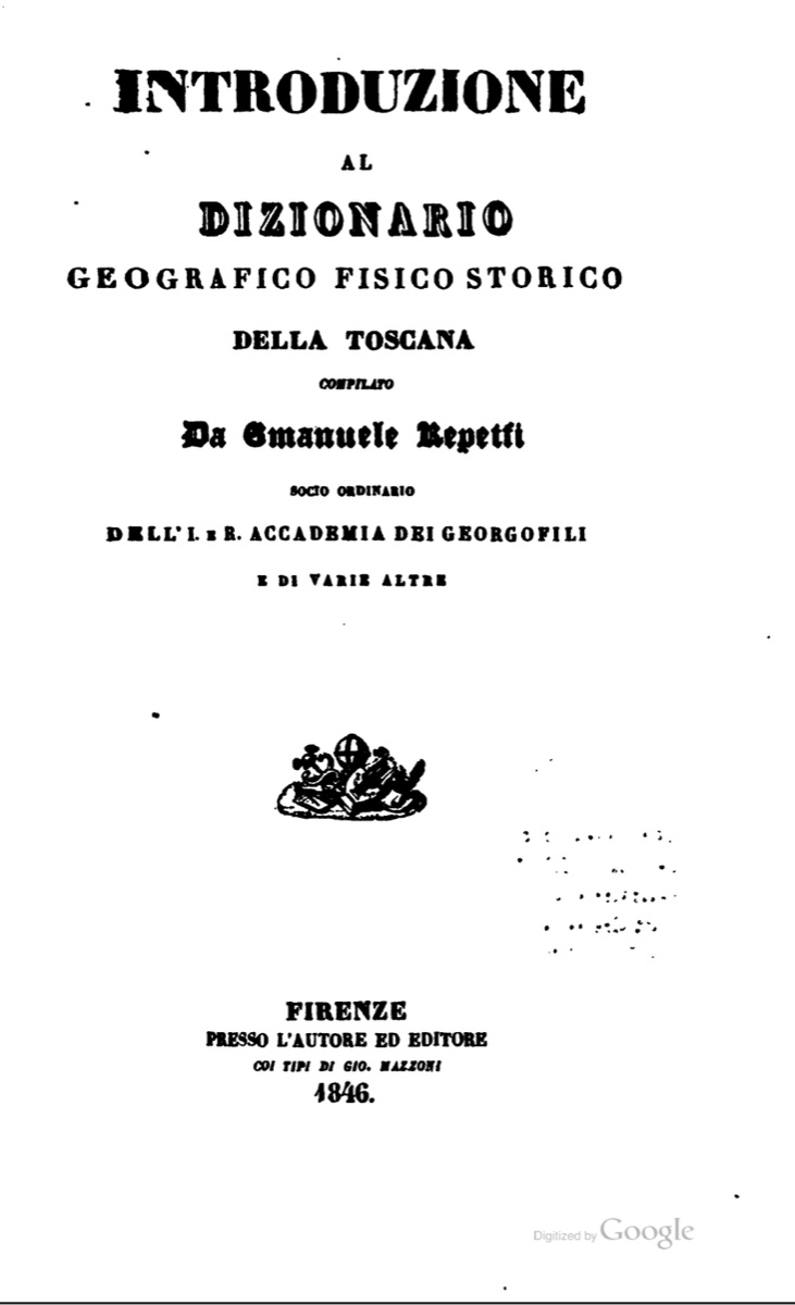 Frontespizio del «Dizionario geografico fisico storico della Toscana» di Emanuele Repetti, 1846