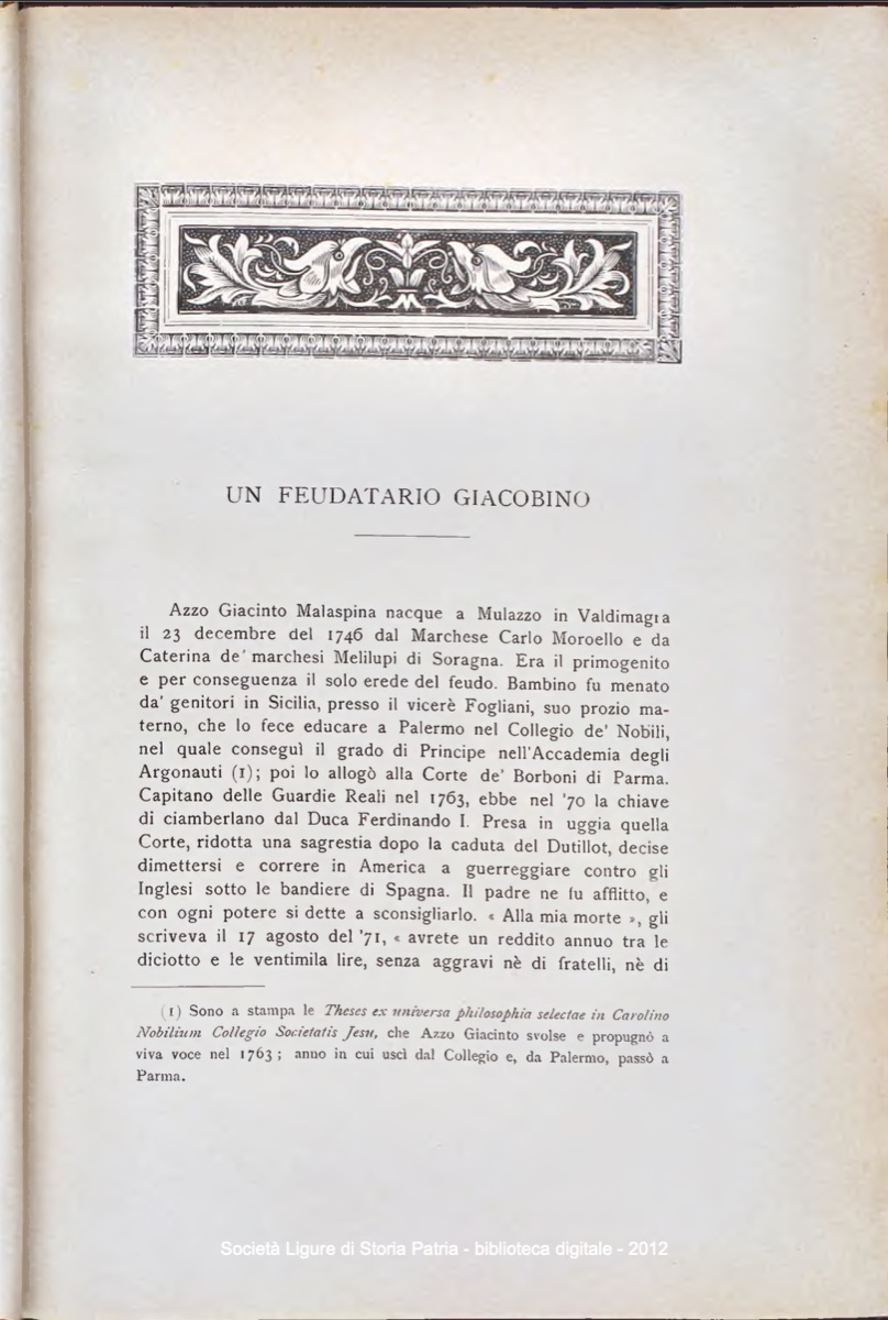 Prima pagina de «Un feudatario giacobino» di Giovanni Sforza, 1903